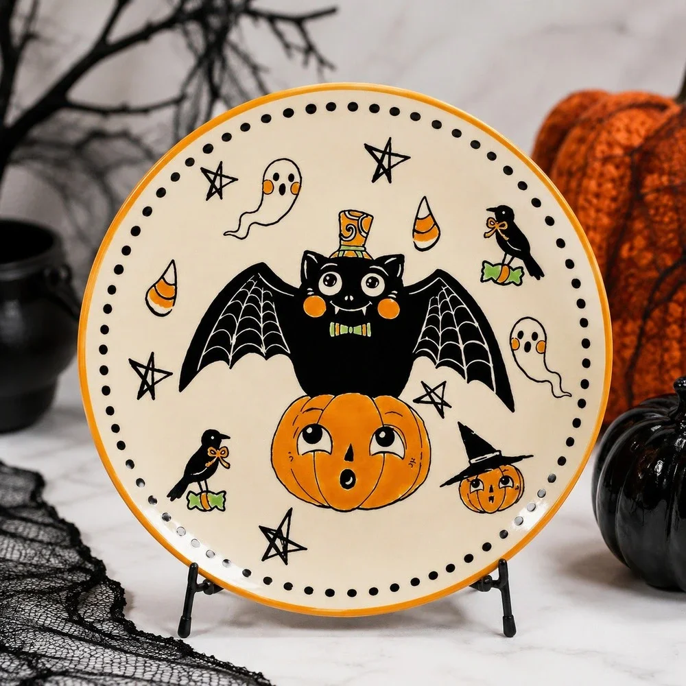 Vintage Style Halloween Salad Plates Set of 4 Bat Cat Pumpkin Ghost Ceramic NEW